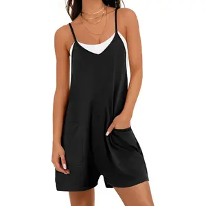 Women's Casual Rompers Summer Sleeveless  Loose Spaghetti Strap Shorts Overalls With Pockets Womenswear Black Fitted Cotton Polyester Soft Style