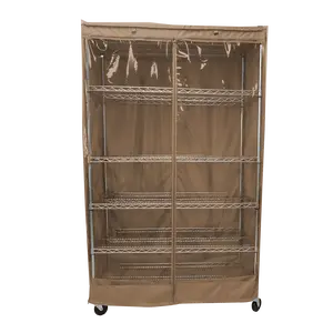 Rolling Storage Shelving Rack Cover - Fits racks 48"W x 18"D x 72"H , One Side See-Through Panel, Portable Shoe Cabinet Cover Organizer, Khaki