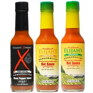 Elijah’s Xtreme Mild & Hot Trio Hot Sauce Set, 3 Bottles 5 oz Each - Pineapple-Mango Habanero, Roasted Cayenne & Jalapeño, Ghost Pepper, 1,000-450,000 SHU