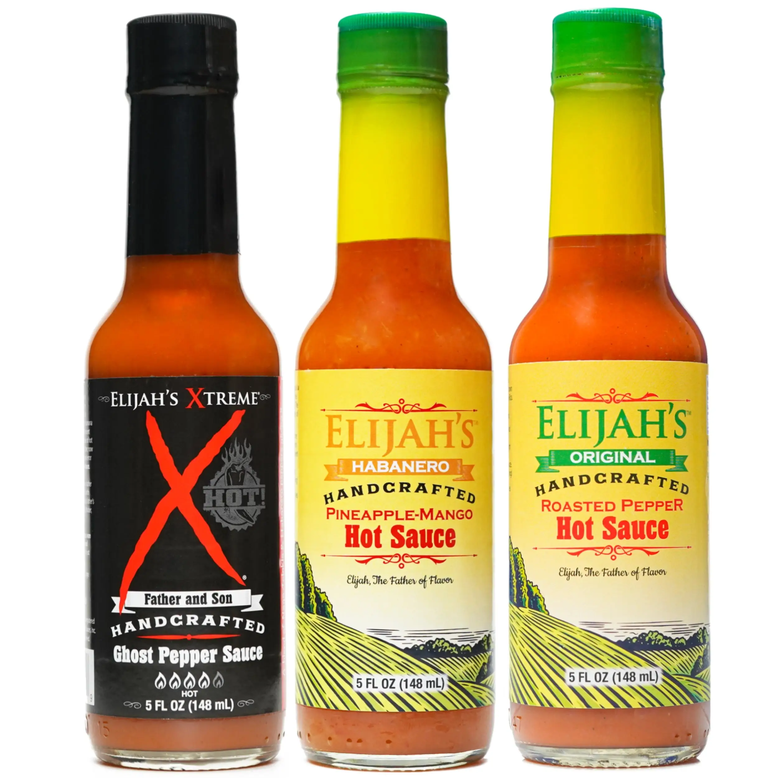 Elijah’s Xtreme Mild & Hot Trio Hot Sauce Set, 3 Bottles 5 oz Each - Pineapple-Mango Habanero, Roasted Cayenne & Jalapeño, Ghost Pepper, 1,000-450,000