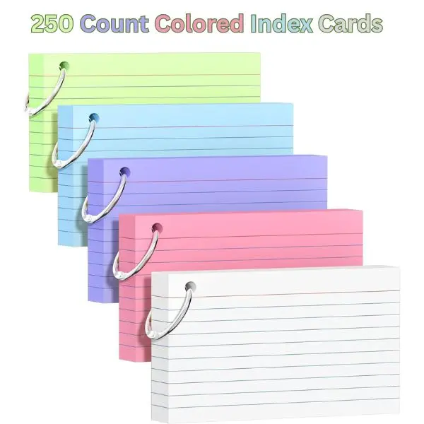 250 Pack Colored Index Cards 3x5 with Key Ring, Heavyweight 180 GSM Flash Cards, 5 Color Study Note Cards for Students, Teachers, Office, School Supplies & Learning