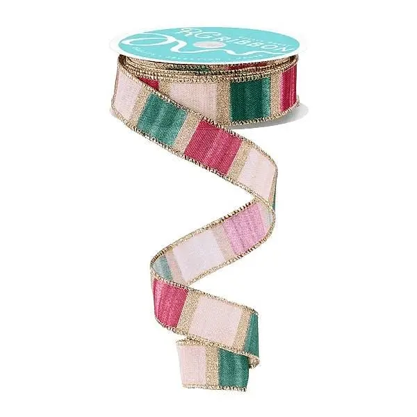 7/8" x 10yd Watercolor Stripes Ribbon in White, Burgundy, Green, Cream, & Gold