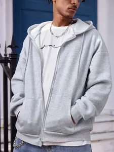 Men's Casual Solid Color Blank Hoodie, Zip-Up Sweatshirt, For Fall, Long Sleeve Tops