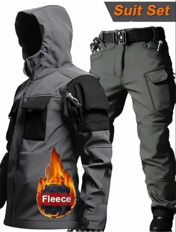 2 Piece Men's Fleece Lined Workwear Set, Fall Winter Sportswear, Solid Sports Set, for Fall/Winter Shark Skin Softshell Windproof Hooded Jacket and Outdoor Sports Hiking Hunting Pants Ideal for daily work, outdoor activities, hiking, camping