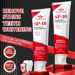 SP-10 Probiotic Whitening Toothpaste: Ideal for Daily Dental Care. Its probiotic formula helps manage oral health, removes pigmentation from coffee and tea stains, and leaves you with a fresh breath all day long. A must - have for a brighter smile.