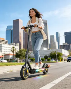Adult foldable electric scooter with 600W powerful motor, 24 MPH max speed, 21-27 miles range. 10-inch vacuum tires, 3-speed modes, foldable design, APP control and side lights for safe, convenient commuting.