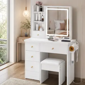 29.2" White MDF Built-in Makeup Vanity with Lights - Makeup Dressing Desk for Bedroom, Small Space Design, Cushioned Stool, Left Drawer, Touch Control Tri-Color Dimmable LED Mirror, 2 AC Outlets, USB & Type-C Ports, Hair Dryer Bracket