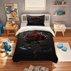 2/3Pcs Dark Red Rose Print Duvet Cover Set, Gothic Dark Aesthetic Bedding Set, Soft and Breathable Fabric, Hidden Zipper Design, Durable and Wrinkle-Resistant, Ideal for Gothic Style Bedroom Decor, No Filler Included