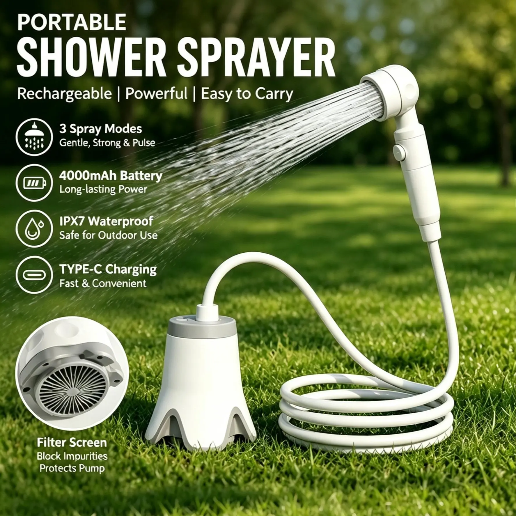 Wetough Portable Camping Shower Outdoor Camp Shower Pump,Upgrade Rechargeable Electric Shower Pump with Intelligent Digital Display Multiple Spray Modes for Camping, Hiking, Traveling