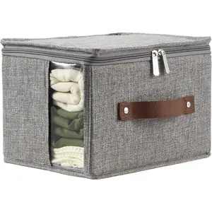 Storage Bins with Zipper Lid Fabric Storage Box Basket with Side Clear Window PU Leather Handles Decorative Collapsible Washable Shelf Closet Clothes Organizer Container (Gray, Small)