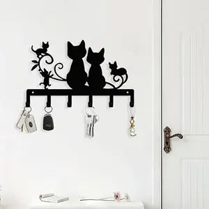 1pc Metal Black Cat Silhouette Animal Hook, Wall-Mounted Key Holder, Exquisite Wall Decor, Home Decoration, Suitable for Home, Living Room, Bedroom