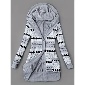Women's Mid-Length Pocket Button Long Sleeve Lightweight Open Front Sweatshirt, Elegant Front Hooded Knitwear Womenswear Tops