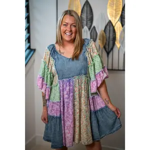 Oli & Hali Washed Mixed Print Ruffle Tunic Dress