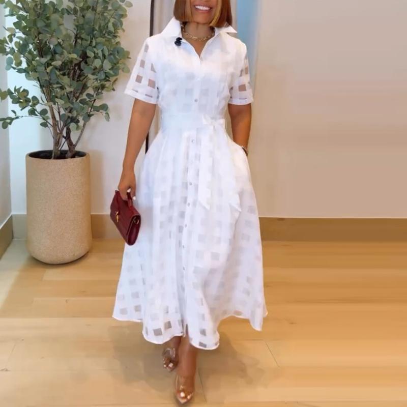 CHICME Elegant Plaid Mesh Maxi Dress - Turn Down Collar, Cinched Waist, A-Line Shirt Dress 2025