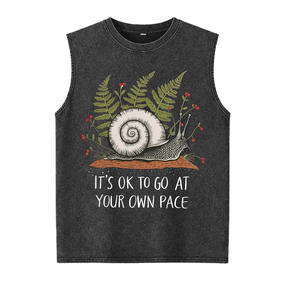 It's Ok To Go At Your Own Pace" Snail Washed Vest, Cute Garden Snail Tee, Motivational Casual Top For Women