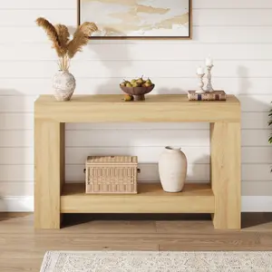 Farmhouse Console Table for Living Room, Long Console Table for Entryway, 2-Tier Large Sofa Table with Storage, Entryway Entry Table for Entrance, Hallway, Natural Wood, 47"