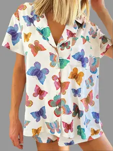 Women Casual Multicolour Butterfly Print Short Sleeve Button Down Pajama Set with Pocket and High Waist Shorts