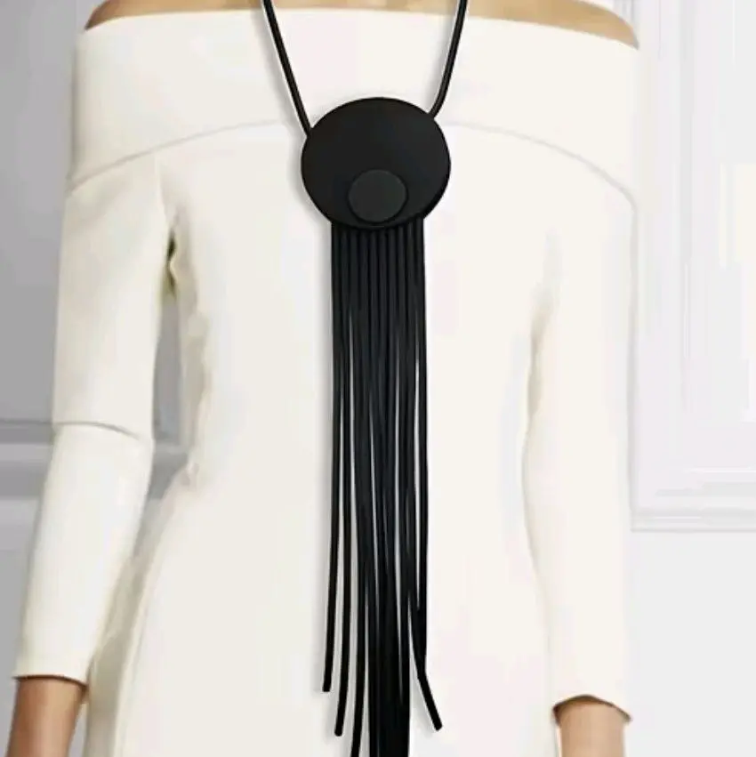 Silicone Irregular Threads Tassel Pendant in Black with Circular Wood Piece