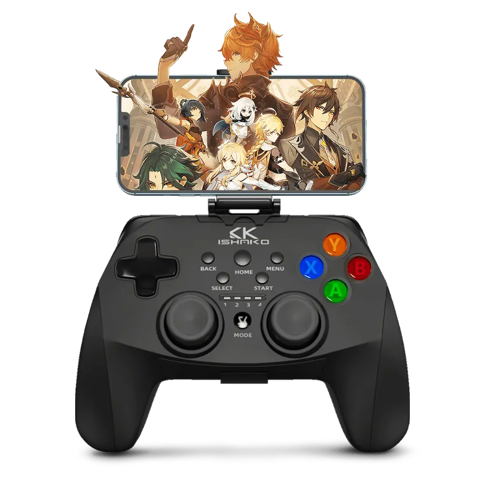 ISHAKO Wireless Game Controller For PC/Android/iOS, 2.4G & Wired High Polling Rate, With Phone Holder, Dual Vibration, Motion sensing, 800mAh Battery