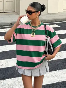 American retro vintage pink-green striped T-shirt, loose short-sleeved with contrasting pink and black wide stripes, made of soft, skin-friendly and smooth knitted fabric, a must-have item for street-style streetwear outfits and summer outings