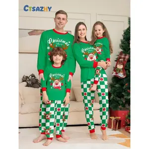 Family Christmas Pajama Set, Round Neck Top & Printed Pants, Holiday Home Wear, Fitted Style, Moderate Fabric, Fall Winter Season