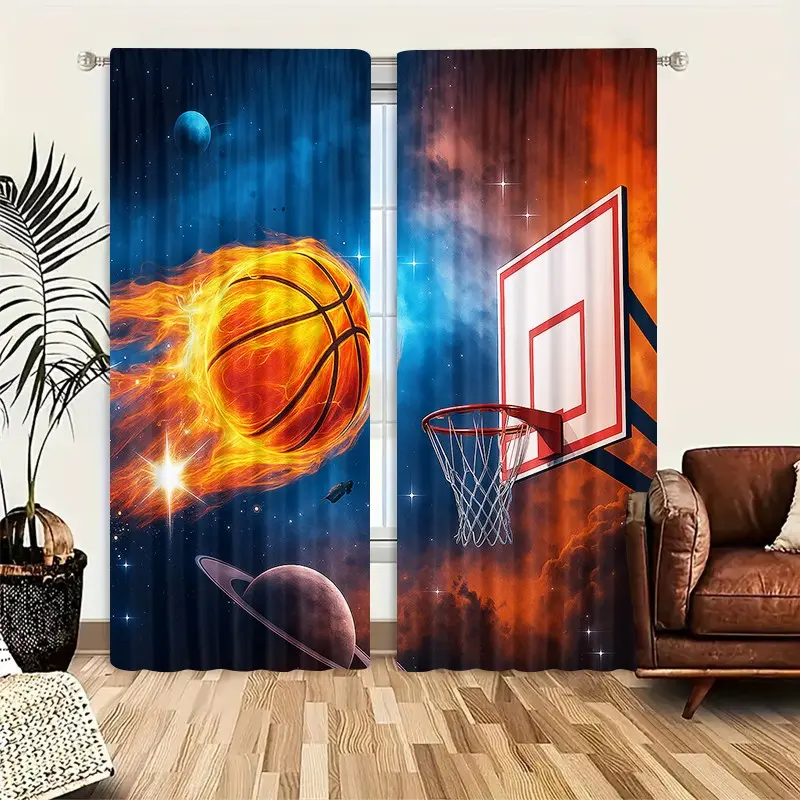 2pcs Creative Basketball Pattern Half-Blackout Curtains, Cute Cartoon Art Style, Suitable for Kitchen, Living Room, Bedroom, Bathroom