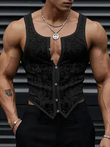 INCERUN Men Tank Tops Lace Transparent Summer O-neck Sleeveless Irregular Vests Men Streetwear Fashion Men Clothing
