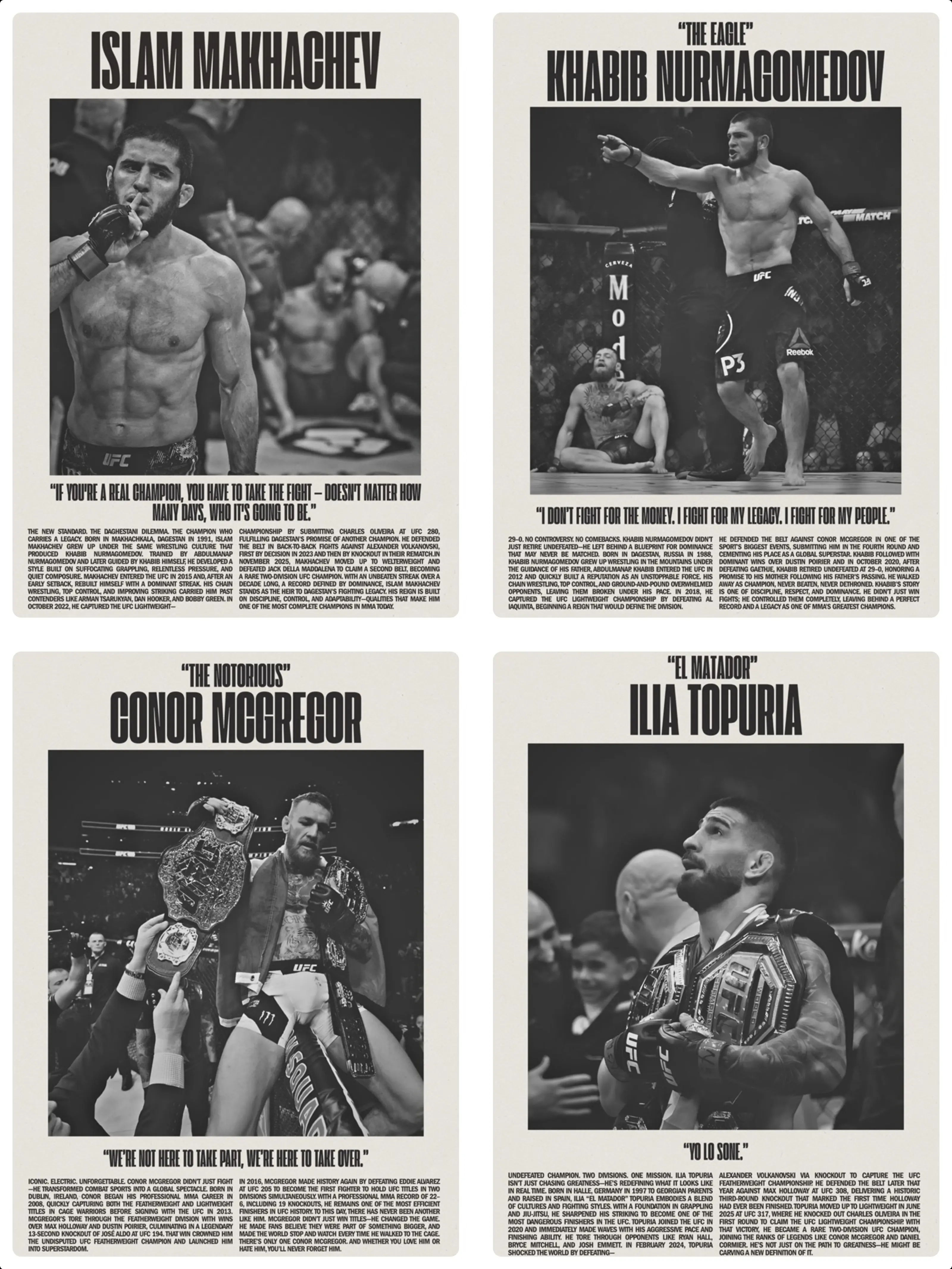 UFC Fighter Wall Art - Islam Makhachev, Khabib Nurmagomedov, Conor McGregor, Ilia Topuria