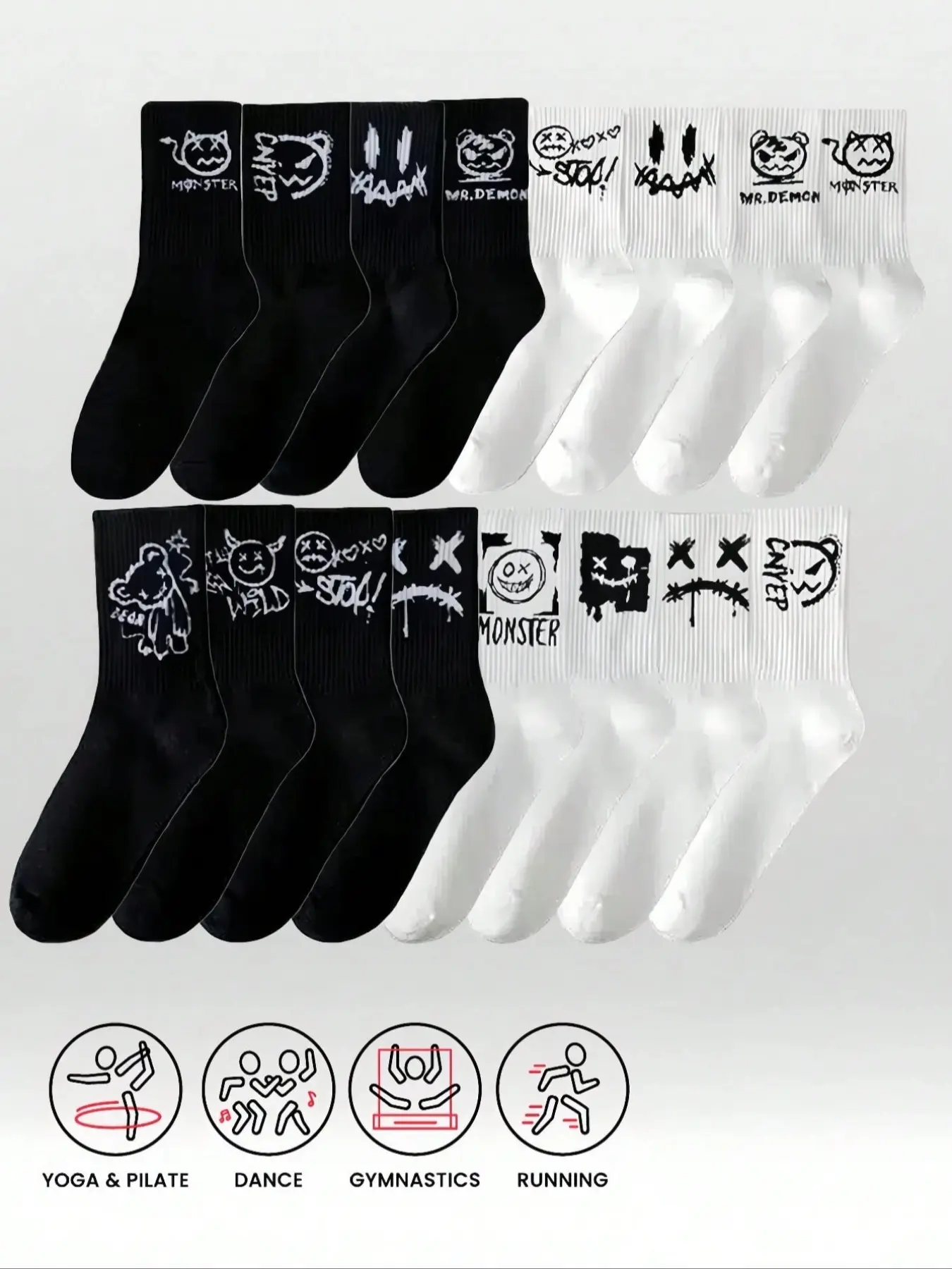 Men's Socks 2/3/4/5/10 Pairs, Mid-Calf Breathable Geometric Graffiti Sports Socks, Fashion Versatile Street Style, Indoor Outdoor Wear, Menswear