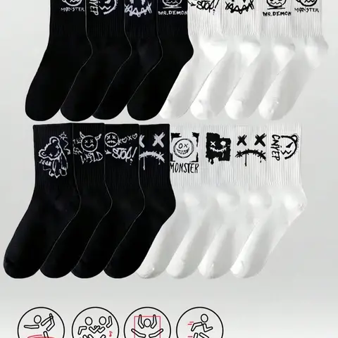 Men's Socks 2/3/4/5/10 Pairs, Mid-Calf Breathable Geometric Graffiti Sports Socks, Streetwear Socks, Sportswear, Fashion Versatile Street Style, Indoor Outdoor Wear, Menswear