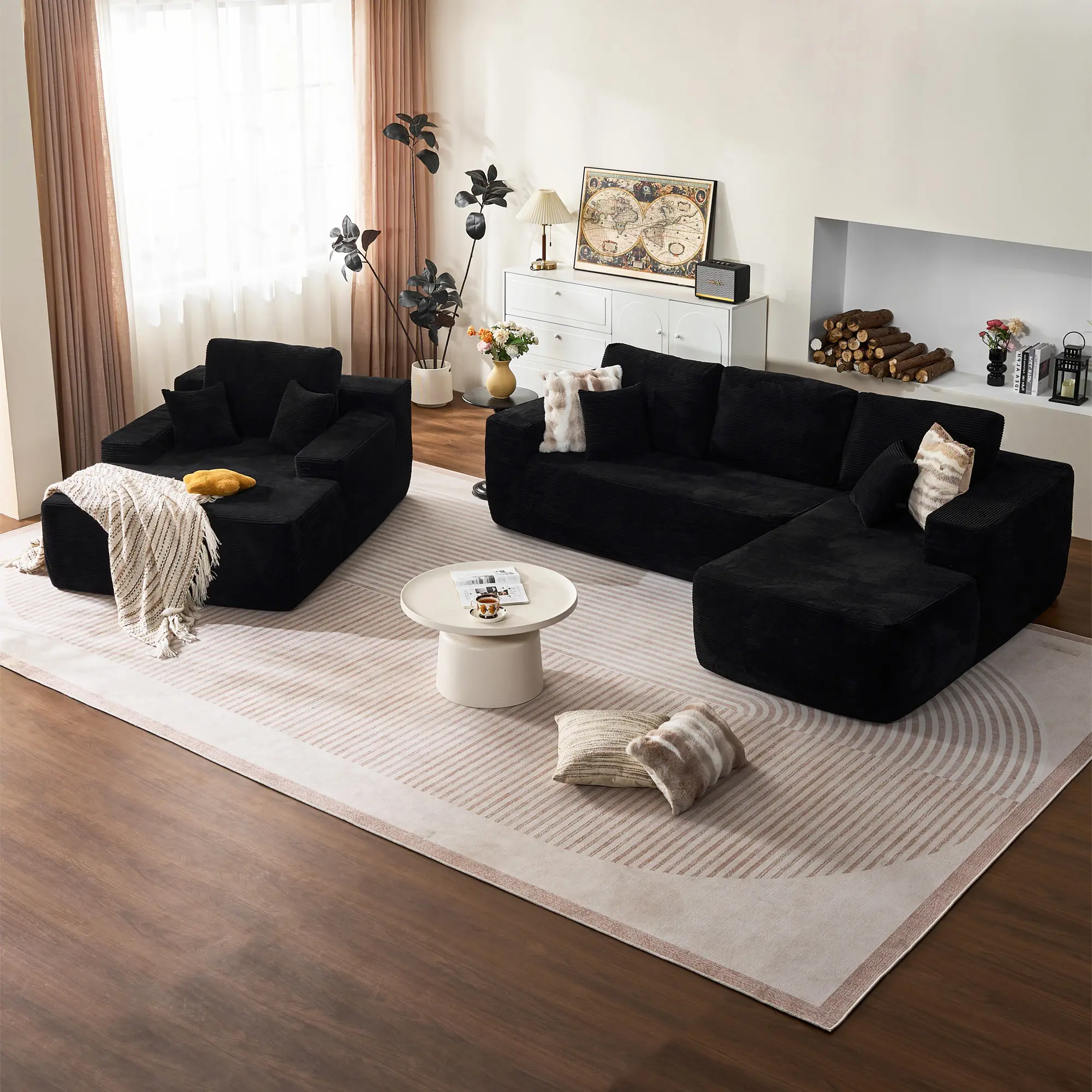 Black Corduroy Right Chaise+Sofa Bed