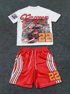 Two Men's Racing-Inspired Athletic Streetwear Outfits: a "Raccoon Rum" Printed T-Shirt and Red Striped Shorts, a Hip-Hop Style Suitable for Everyday Casual Occasions.
