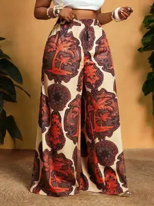 Spring Summer New Women's Plus Size Printed Boho Wide Leg Pants, Bottoms, Casual Vacation Wear, Beachwear, Campfire Party, Bohemian, Loose Fit Long Pants Womenswear Ly6001