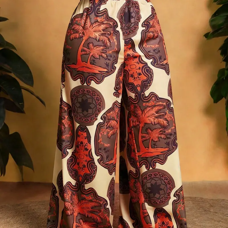 Spring Summer New Women's Plus Size Printed Boho Style Wide Leg Pants, Bottoms, Casual Vacation Wear, Beachwear, Campfire Party, Bohemian, Loose Fit Long Pants Womenswear Ly6001, Boho Trousers