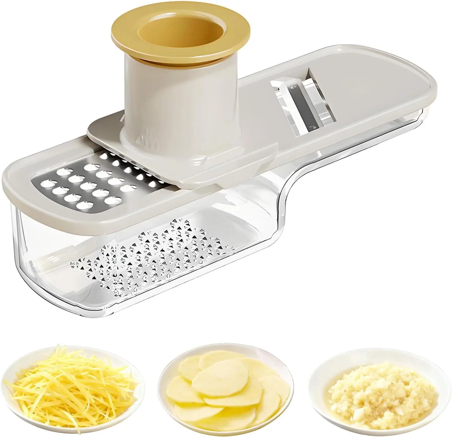 1 piece 3-in-1 multifunctional garlic grinder - stainless steel slicer/shredder/grinder with hand guard, transparent container and blade storage, safe food slicer, easy to use and clean
