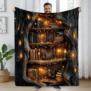 [Cozy Tree Hole Blanket] 1pc Cozy Tree Hole Bookshelf Printed Throw Blanket - Soft Flannel with Enchanted Library Design for Bed, Couch, Sofa, Office & Camping - Lightweight & Versatile Gift for All Seasons