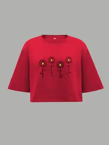 Women's Floral & Letter Print Round Neck Crop Tee, Fashion Casual Crew Neck Short Sleeve T-shirt for Daily Holiday Vacation Outdoor Wear, Ladies Clothes for Summer, Top