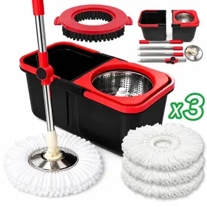 61‘ detachable design, Spin mop bucket set  360° Rotatable & Adjustable.detachable design, stainless steel telescopic rod, double-basin mop bucket with built-in drain hole for easy home storage, Includes 1 brush 3 reusable microfiber mop heads cleaning