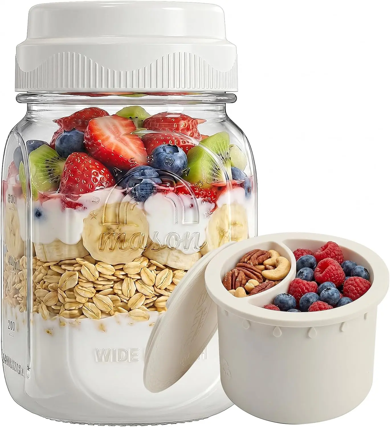 Syntic 32oz Glass Overnight Oats Jars with Airtight Sealed Lids, Silicone Topping Cups, Fold-Fork & Steel-Reinforced Seals, Reusable Kitchen Utensils for Convenient On-the-Go Meals, Dishwasher-Safe Meal Prep Containers