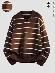 Autumn and winter men's retro color-blocking striped turn-down collar sweater. skin-friendly autumn and winter knitted sweater fashionable and versatile, suitable for indoor and outdoor wear, creating a fashionable style. Casual Chic Knitwear