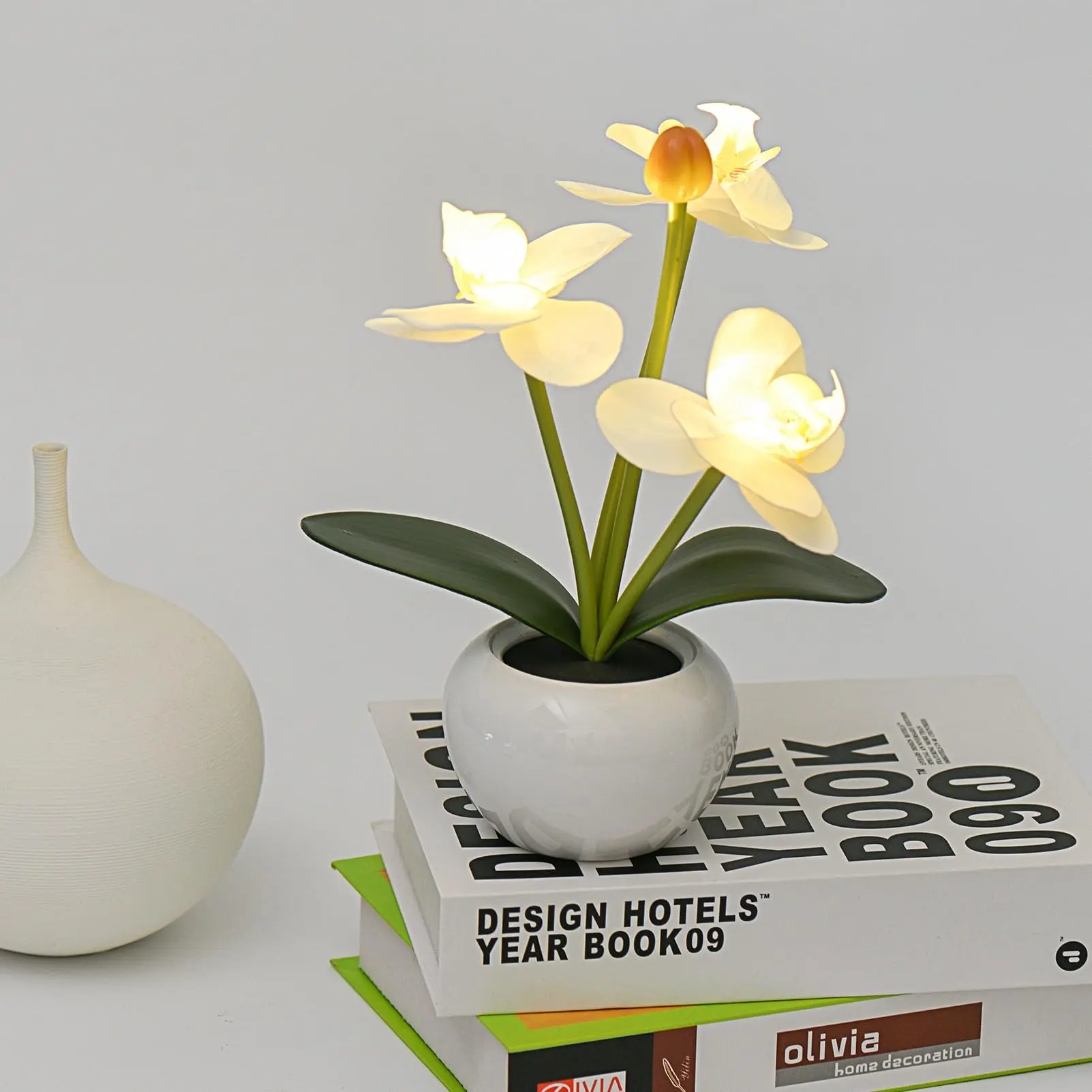 Youth LED Orchid Table Lamp - Battery-Operated Indoor Decor Night Light with White Ceramic Pot, Artificial Flowers, Candle Lights for Bedroom (Batteries Not Included)