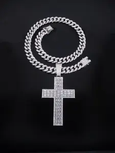 Valentine's Day Gift Hip Hop Rhyme Trendy Full Diamond Cross Pendant Necklace, Alloy Chain Street Fashion Artisan Jewelry Cross Necklaces