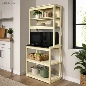 31.5" Long Modern 5-Tier White and Black Arch Bakers Rack - Sturdy Frame, Adjustable Shelves, Microwave Stand, Storage, Easy Setup, Kitchen Organization, Studio Apartment Furniture