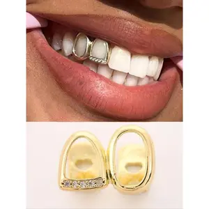 1pc Hollow Patchwork Double Tooth Design Hiphop Style Side Tooth Grillz Tooth Gem, Suitable For Daily Wear For Men And Women(Sheet)