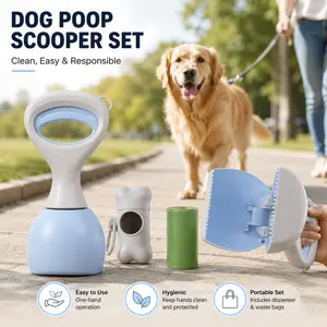 Dog Waste Scooper with Large Opening Jaw, One-Hand Operation, Durable ABS Non-Stick Material, Includes 15 Bags, Portable Clip-On Design for Walking, Works on Grass Gravel Concrete Management Activities