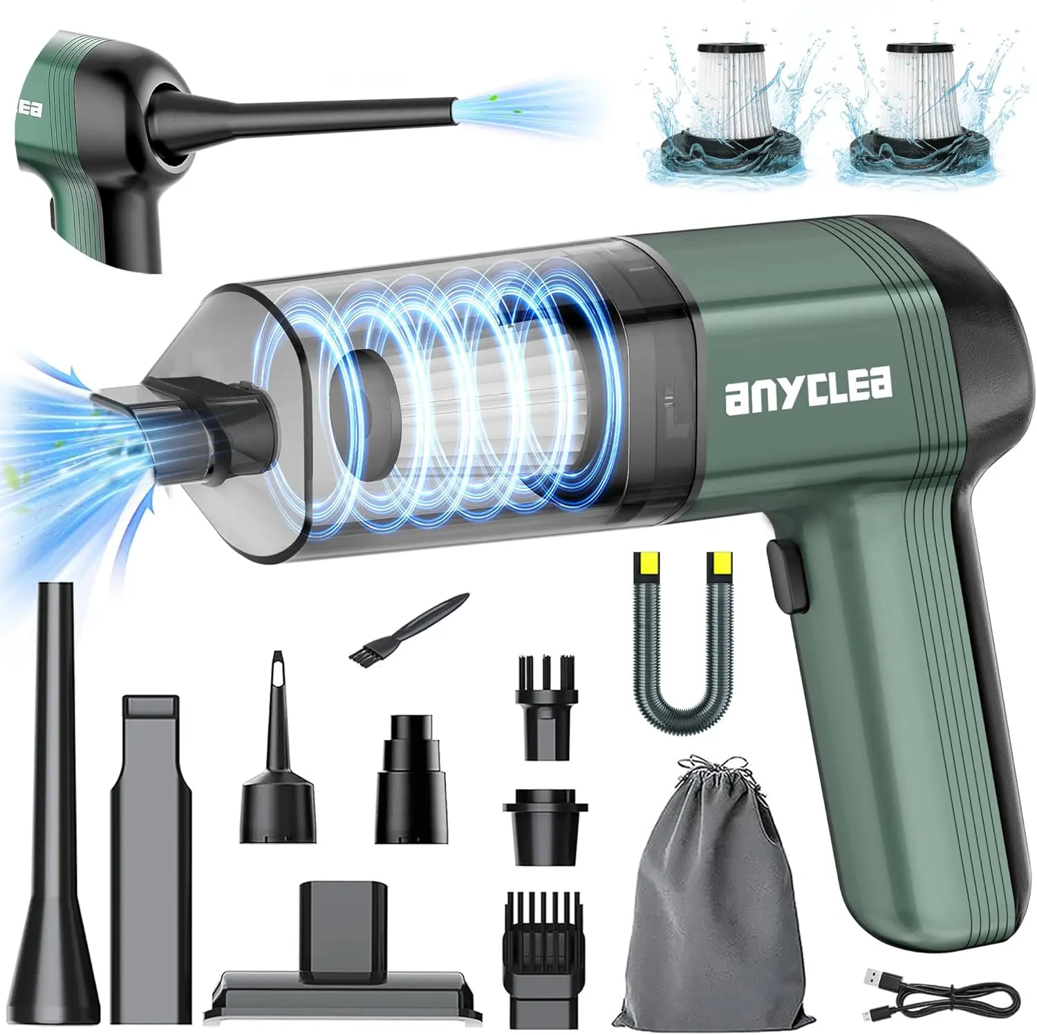 Handheld Vacuum Cordless, 12000Pa Strong Suction | Multi-Nozzles, Washable Filter, 2 Suction Modes, Type-C, Car, Home, Pet, Green, Dust Buster, Air Extractor, Hand Vacuum anyclea
