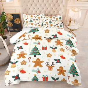 Christmas Food Cute Gingerbread Man Quilt/Comforter Set (2/3 Pcs): Includes 1 Quilt + 1/2 Pillowcases (No Filler), Cute Patterns of Gingerbread Men, Candy Canes, Christmas Hot Drinks, Suitable for Christmas - Themed Bedrooms, Holiday - Atmosphere Spaces