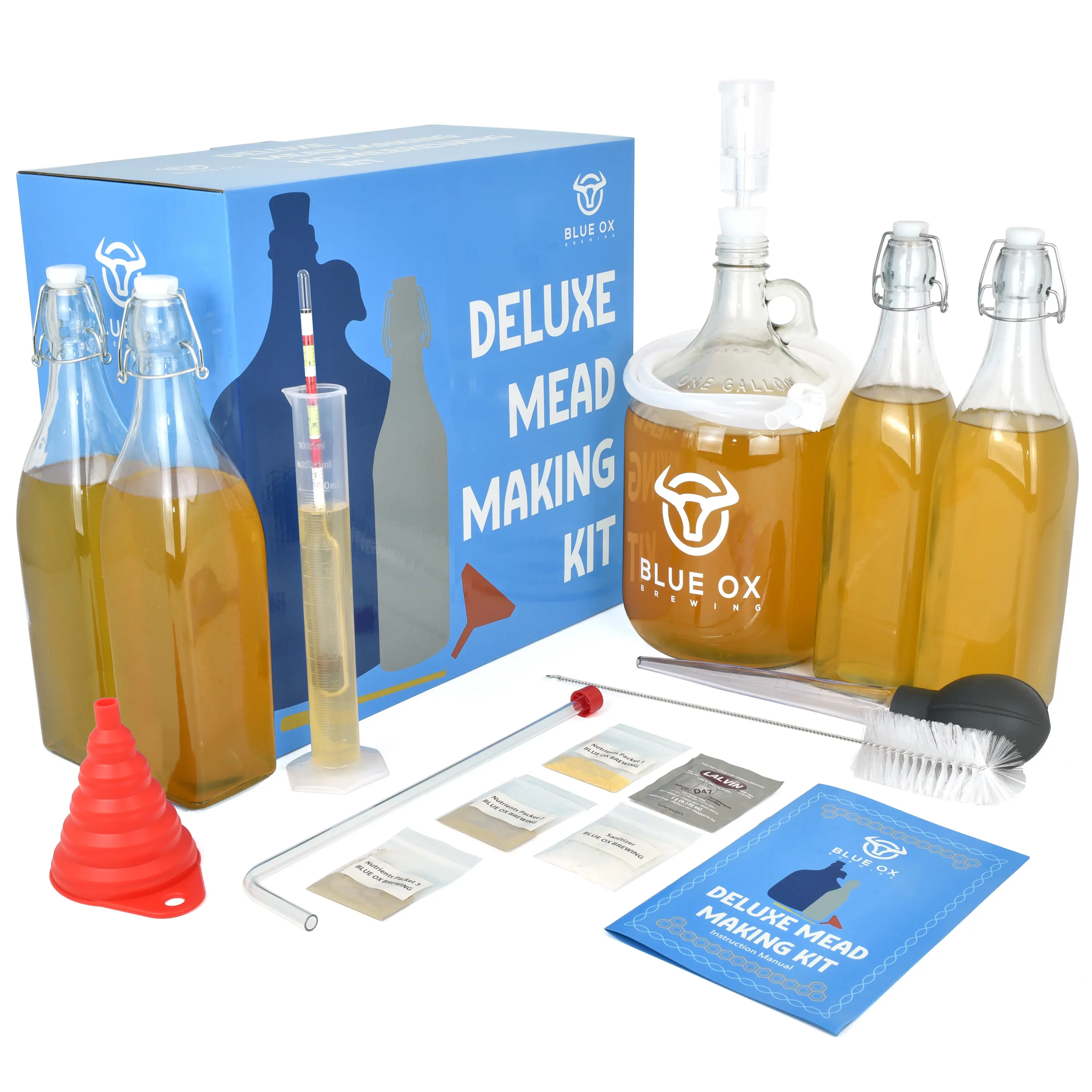 Blue Ox Brewing DELUXE Mead Making Kit with Storage Bottles, Hydrometer & Extra Yeast Nutrients - Honey Wine Making Kit - Mead Kit Complete - Mead Supplies for 1 Gallon of Mead – Mead Brewing Kit