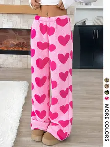 Women's Loose Casual Straight Leg Heart Pants, Warm Plush Fabric, Cute Fashion Design, Perfect for Daily, Outdoor, Shopping, Trendy Outings, Multipurpose Wear, Bottom