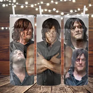 Norman Reedus 20 oz Skinny Tumbler Lid Straw Stainless Steel Drinkware Beverage Water Bottle cup perfect gift Black White